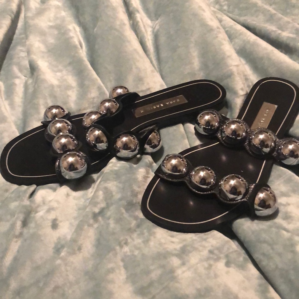 Double Strap Black / Silver Flat Slide Sandals